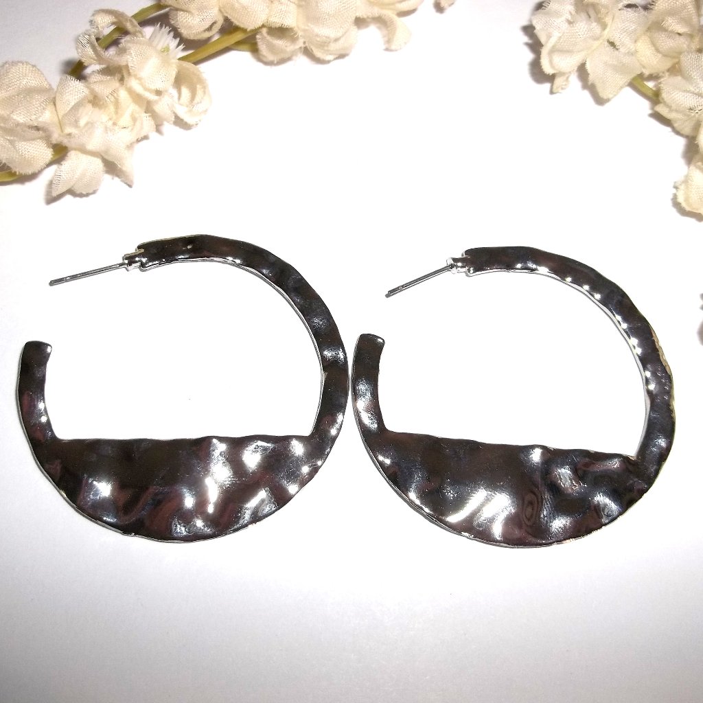 Oversized Hoop Earring Dark Silver Hammered Metal Costume Jewelry Set Post C214 18$